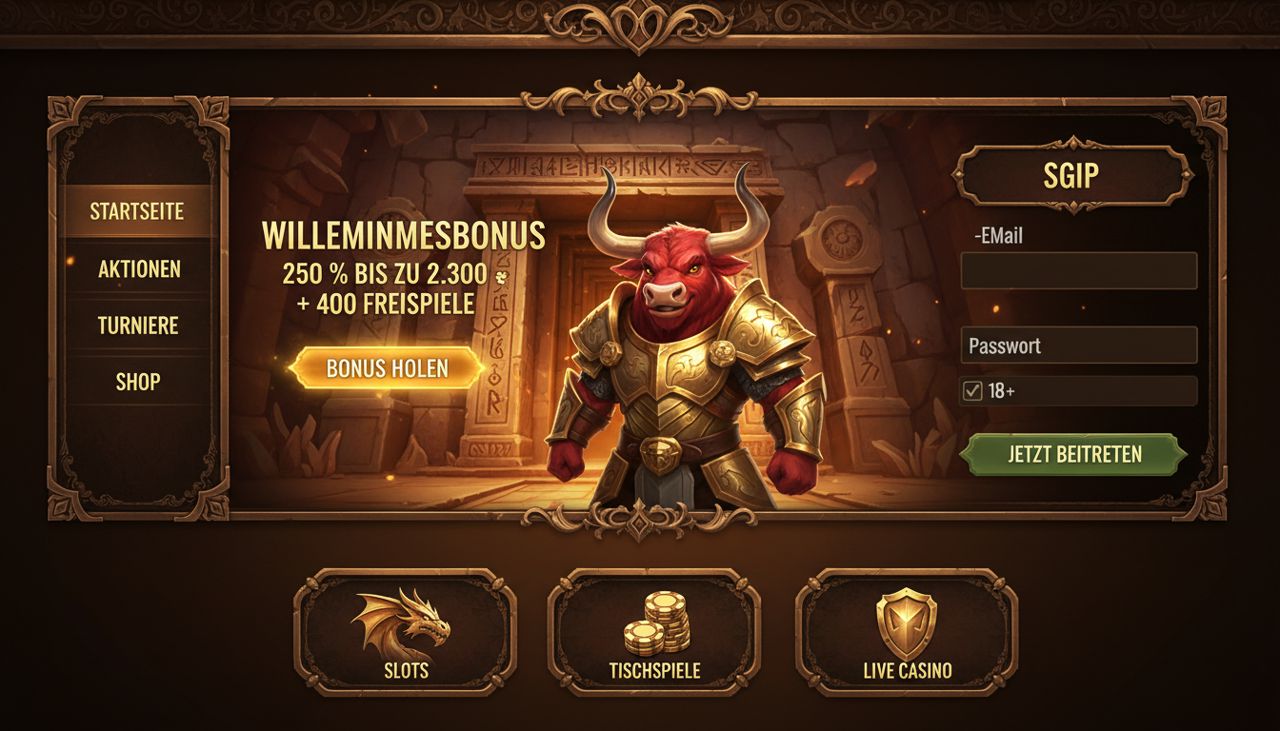 Startseite von Mino Casino mit Willkommensbonus und Spielkategorien