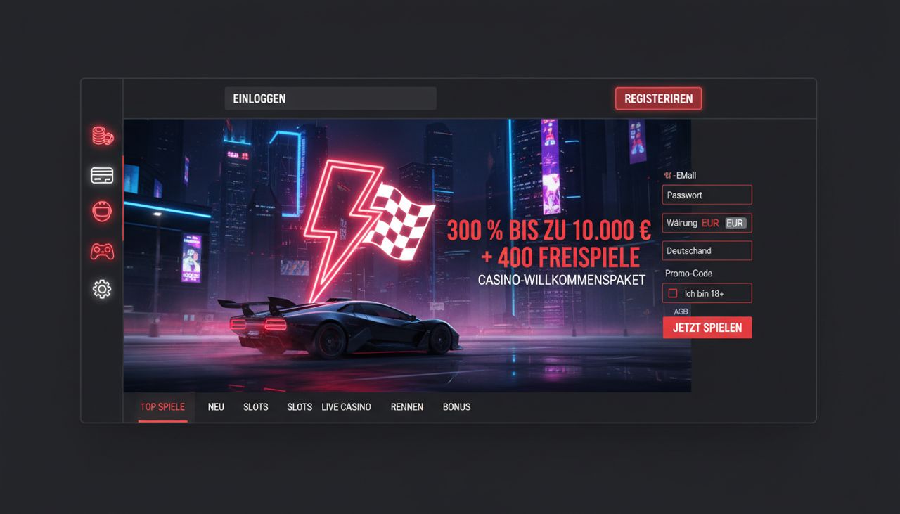 Startseite von Redracer mit Registrierungsformular und Willkommensbonus