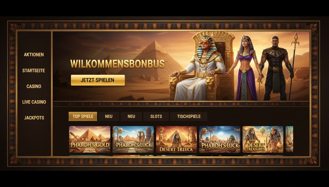 Lobby von Realz mit Menü, Willkommensbonus-Banner und Slot-Übersicht im ägyptischen Design