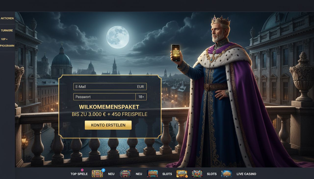 Startseite von King Billy Casino mit Registrierungsformular und Willkommenspaket