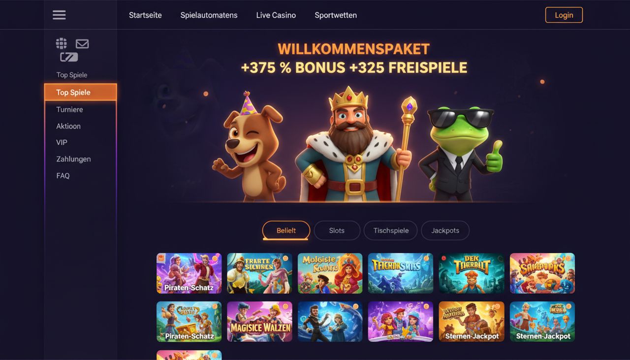 Screenshot der Dazard Casino-Lobby mit Spielkategorien und Bonusbanner