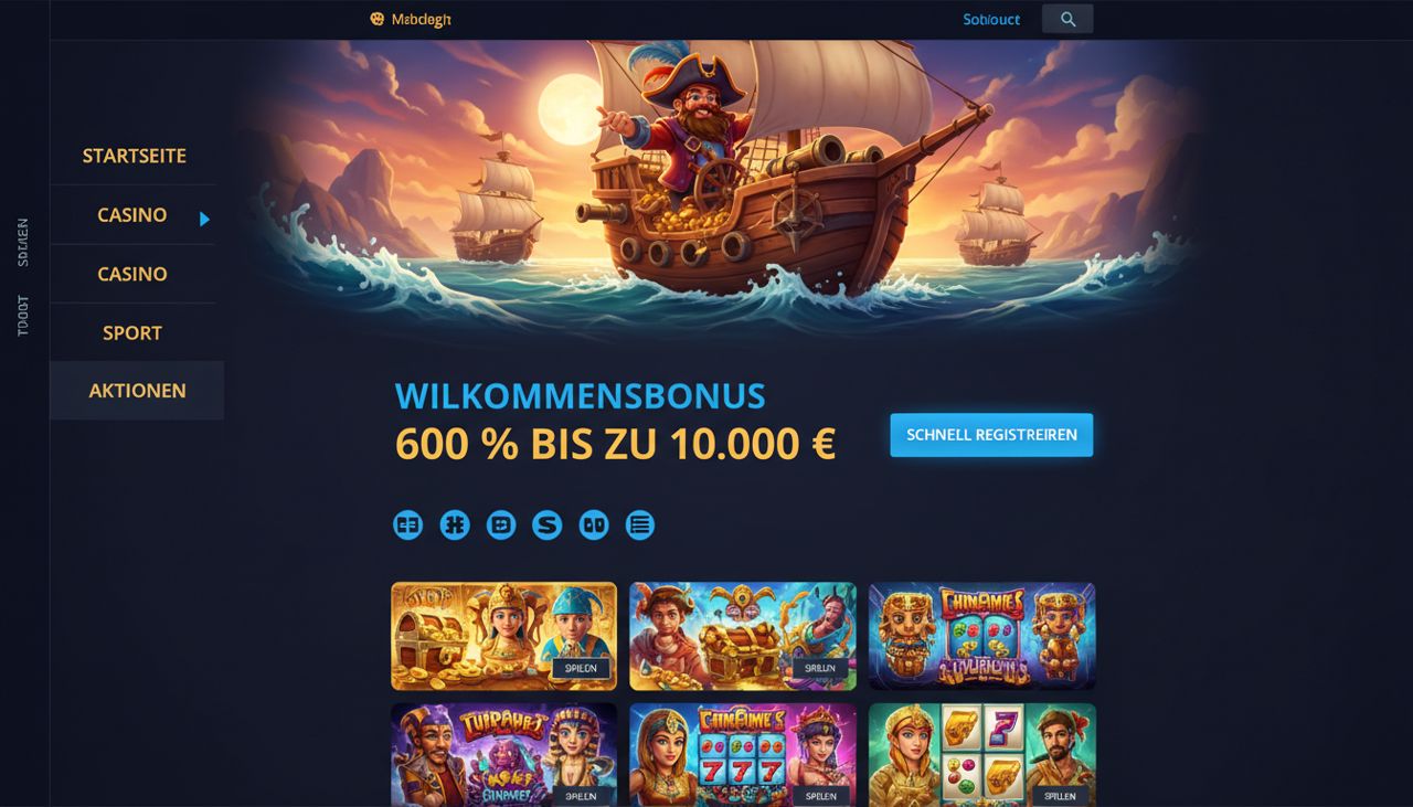 Beispielhafte Ansicht der Startseite eines Online Casinos mit Menü, Bonusbanner und Spielübersicht