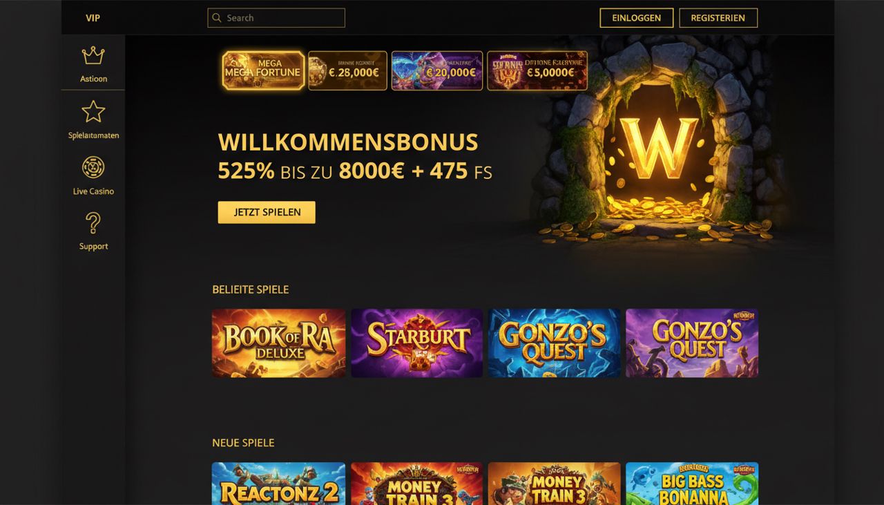 Startseite von Winhero mit Willkommensangebot und Übersicht beliebter Spielautomaten